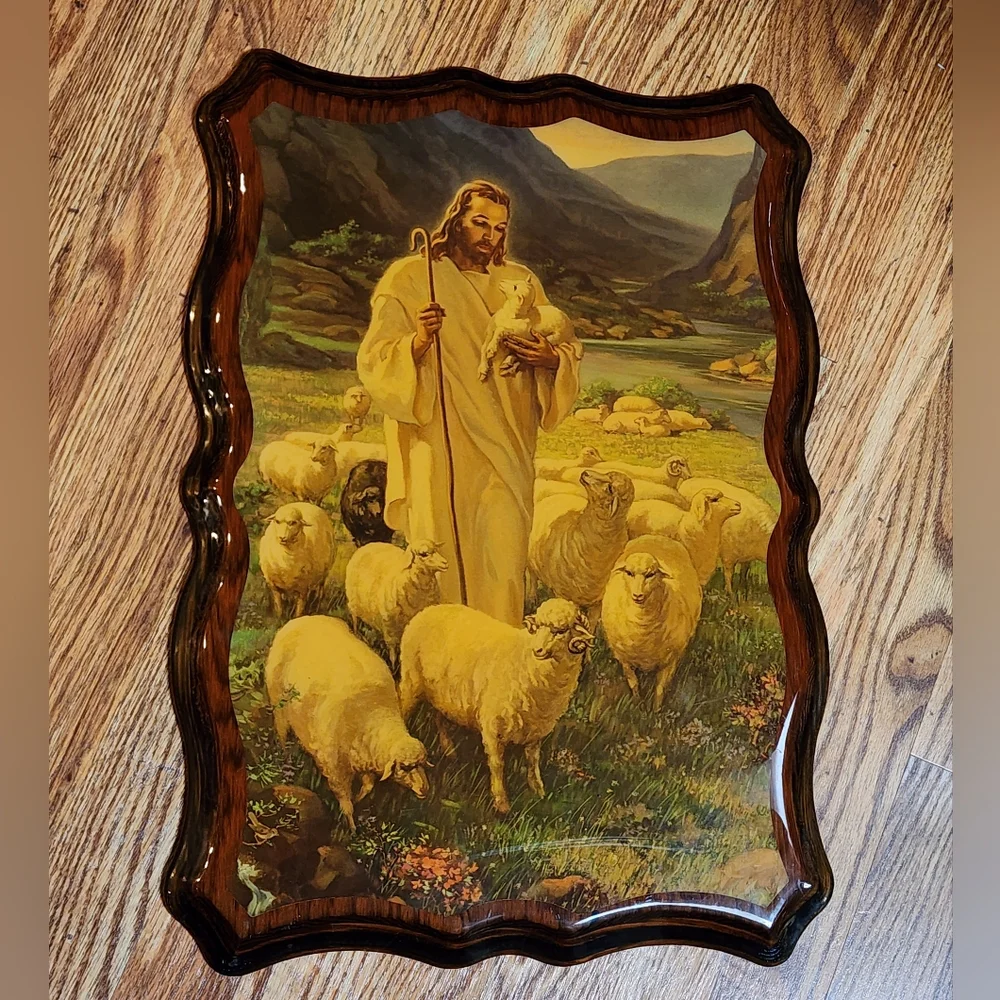 SEE CALLOUTS Vintage Wooden Lacquered Religious Plaque Jesus with Lambs